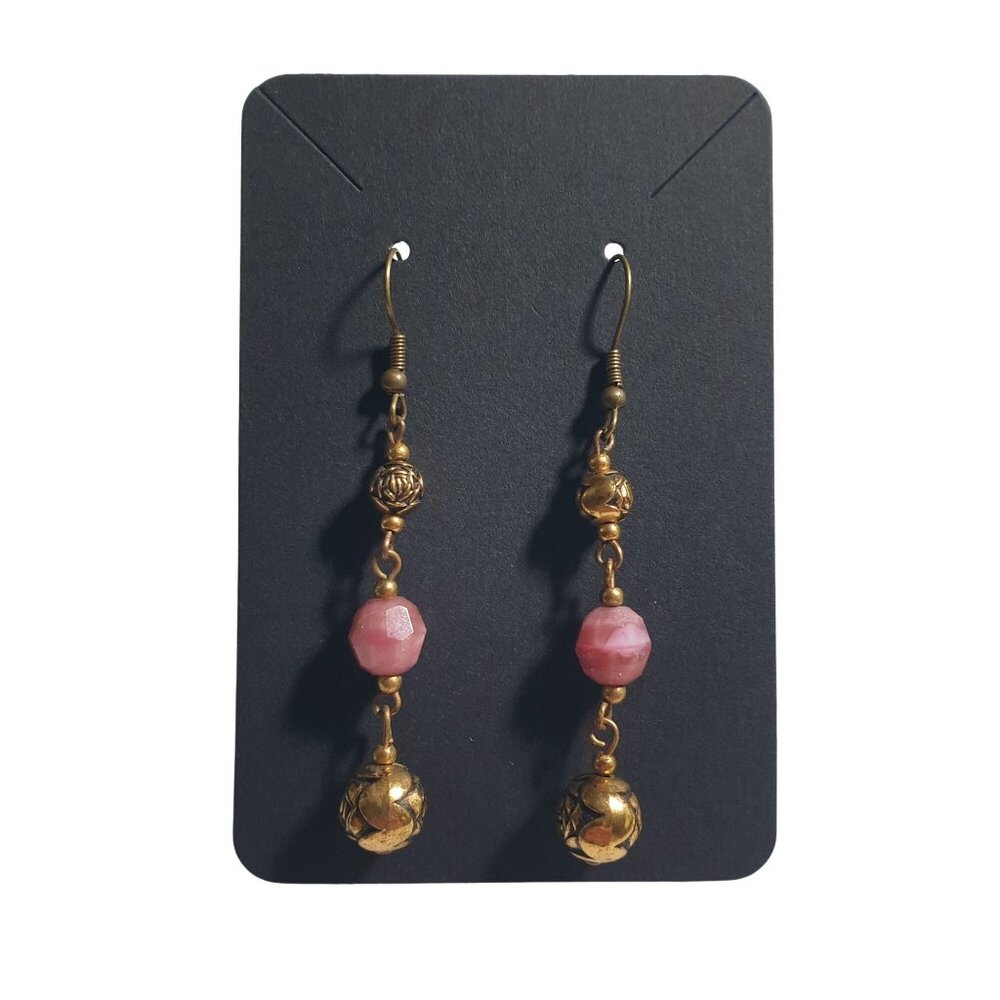 Rose Gold Tone Drop Earrings Pink Beaded Long Dangle Hook Lightweight Mom Gift